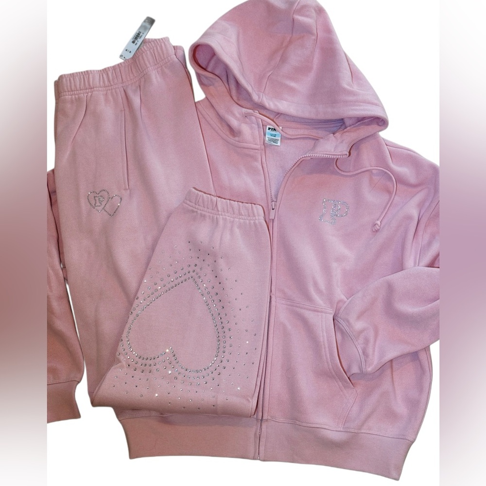 NEW VICTORIAS SECRET PINK BLING FULL ZIP HOODIE + JOGGERS RHINESTONE 2PC SET - Picture 4 of 10